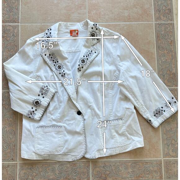 Hearts of Palm White Brown Wood Beads Pockets 3/4 Sleeve Cropped Jacket size 16W - Picture 2 of 13